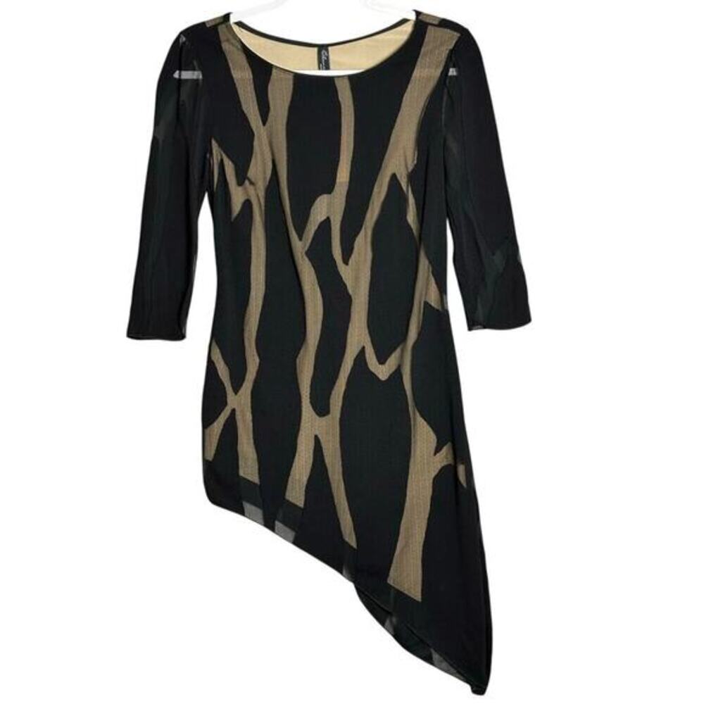 Elana Kattan NWT Sz S‎ Wilma Crew Neck Asymmetric Hem 3/4 Sheer Sleeve Tunic Top